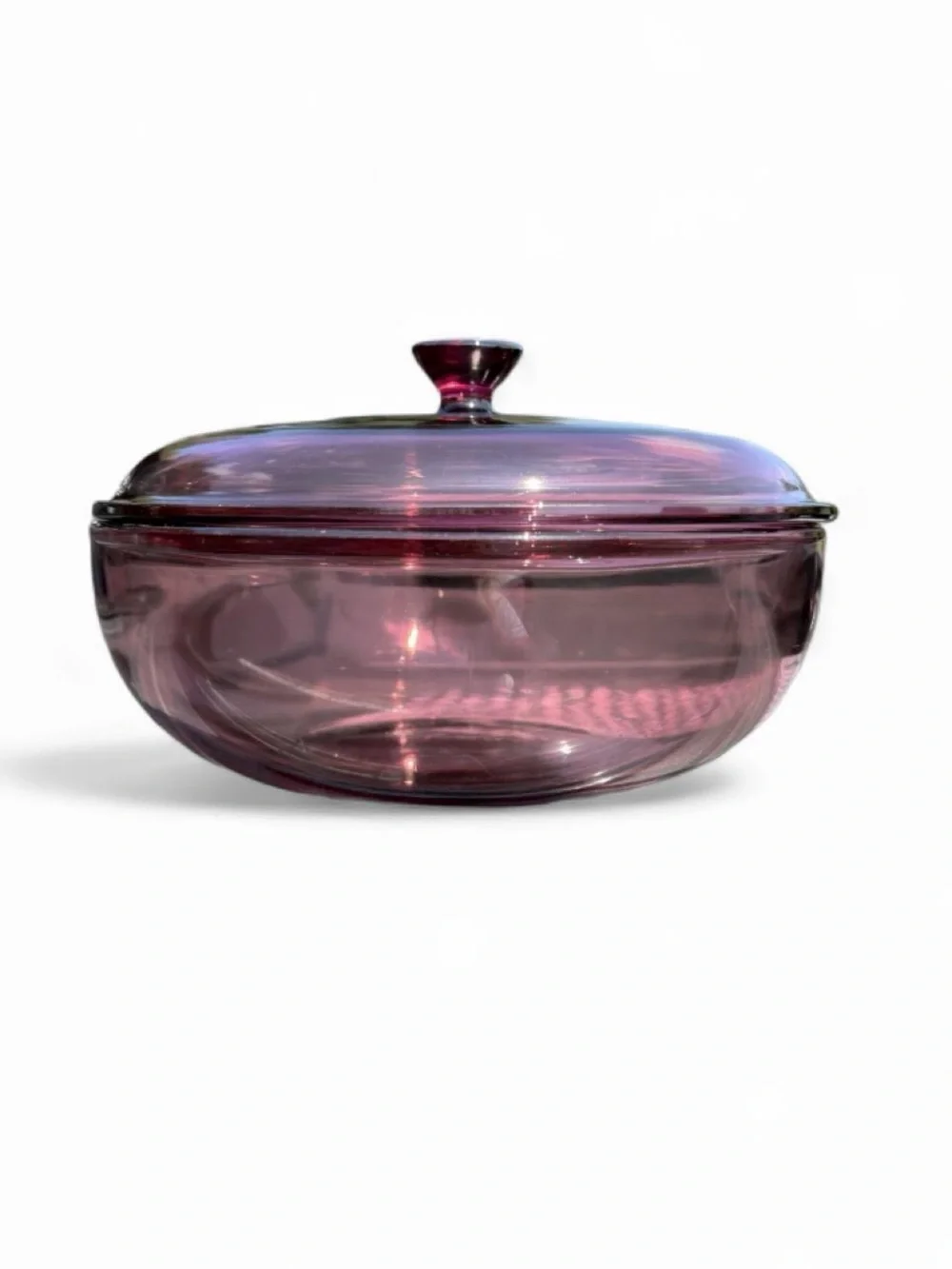 Vintage cranberry Pyrex casserole dish